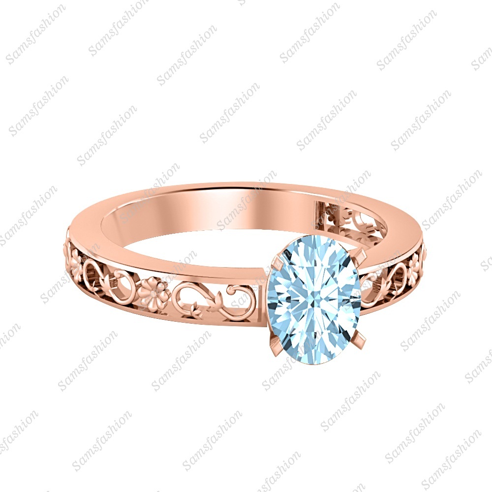 Women's Solitaire Oval Shaped Aquamarine 14k Rose Gold Over Engagement Ring