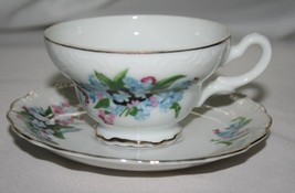 Vintage Japan Hand Painted Pink Blue Floral Tea Cup &amp; Saucer Set #2656 - $18.00
