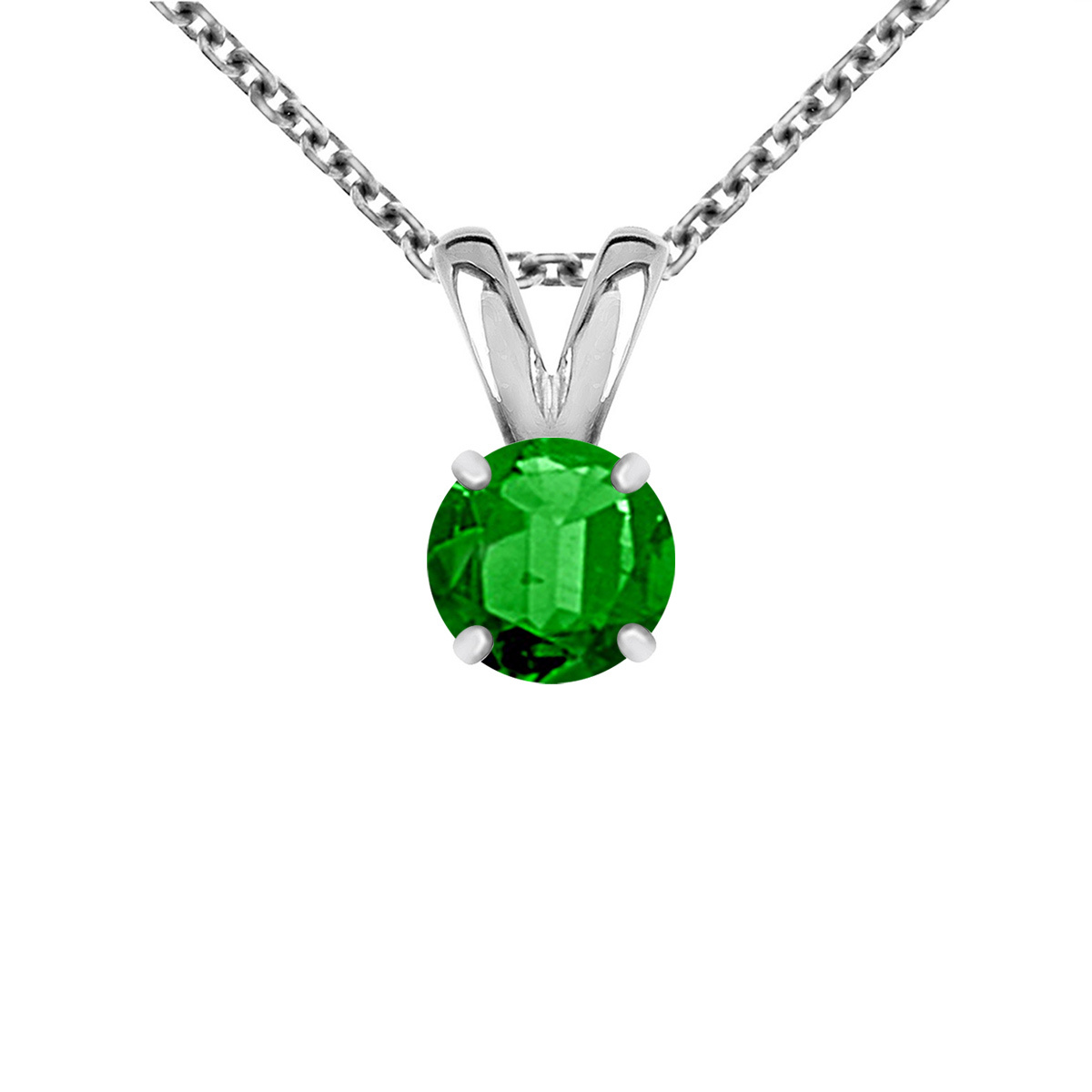 5MM Round Cut 0.15Ct Green Emerald Pendant With18" Chain14K White Gold