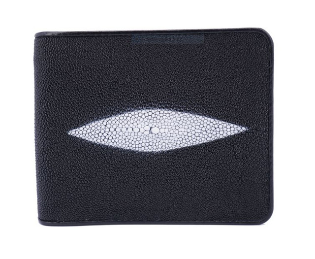 Genuine Stingray Skin Leather Bifold 2 eyes Wallet for Men : Black