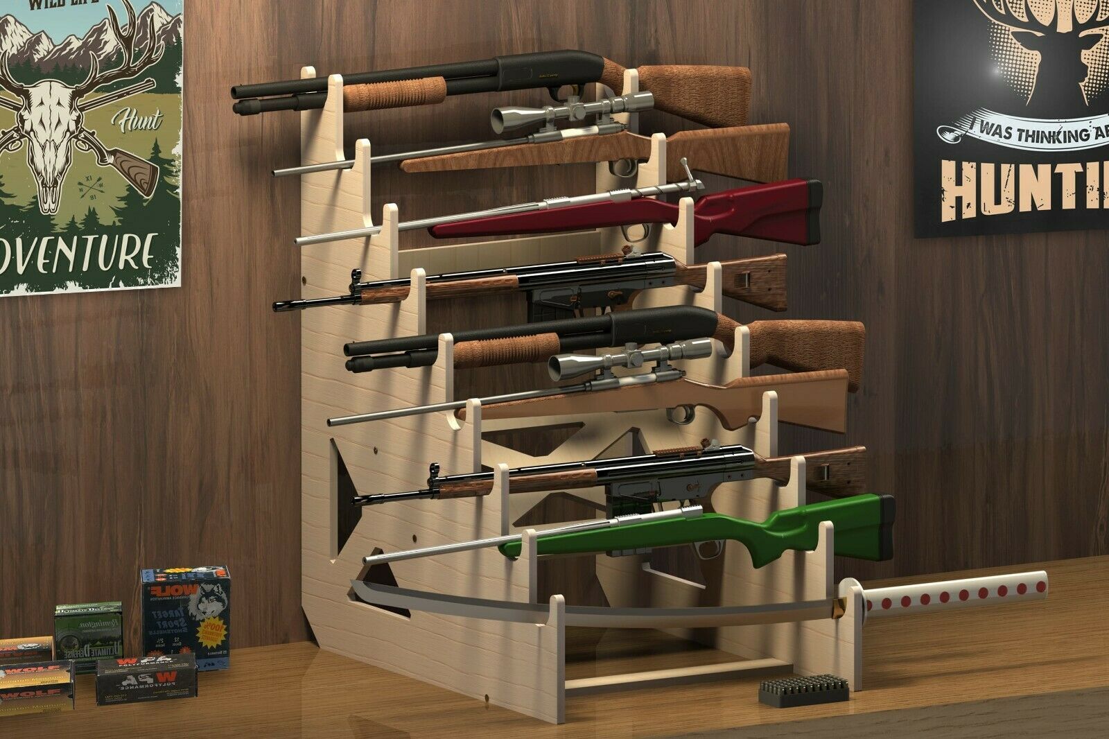 Rifle Rack 9Slot Gun Shotgun Sword Display Stand CNC Table Top Gunrack