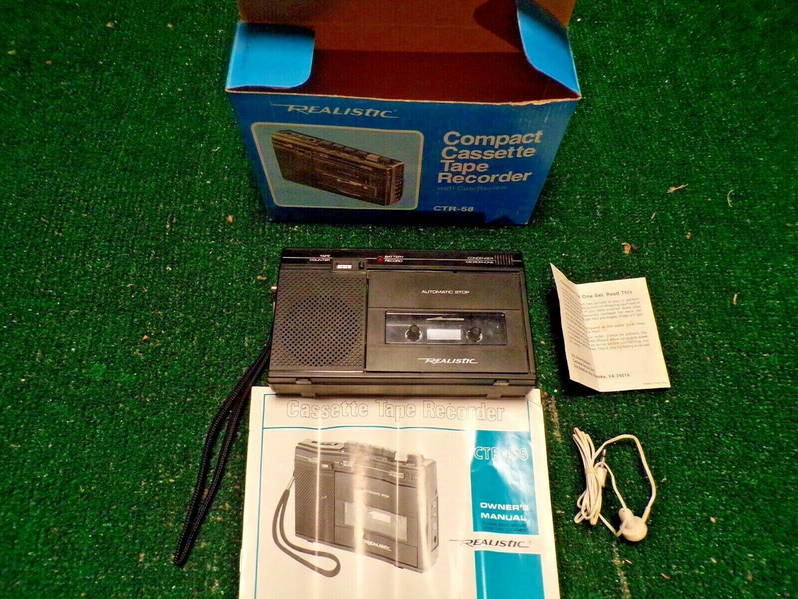Realistic Compact Cassette Tape Recorder CTR58 with paperwork, ear bud