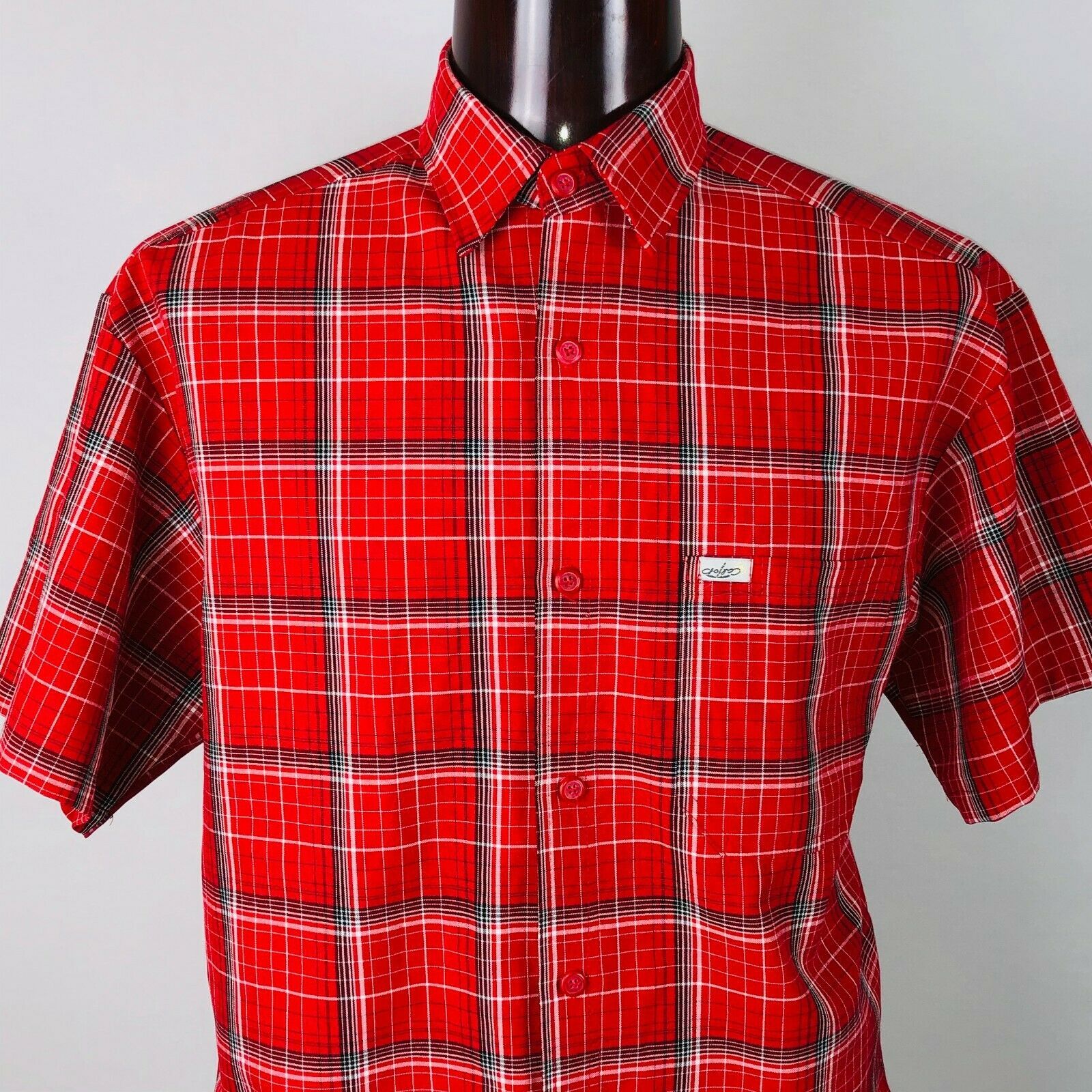 red and white plaid button down shirt