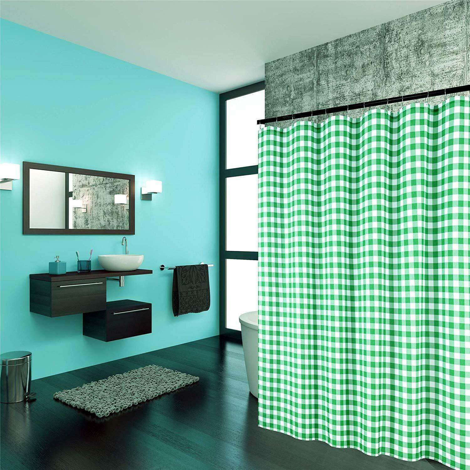 Green Plaid Checkered Gingham Romantic Farmhouse Textured Fabric Shower Curtain Shower Curtains