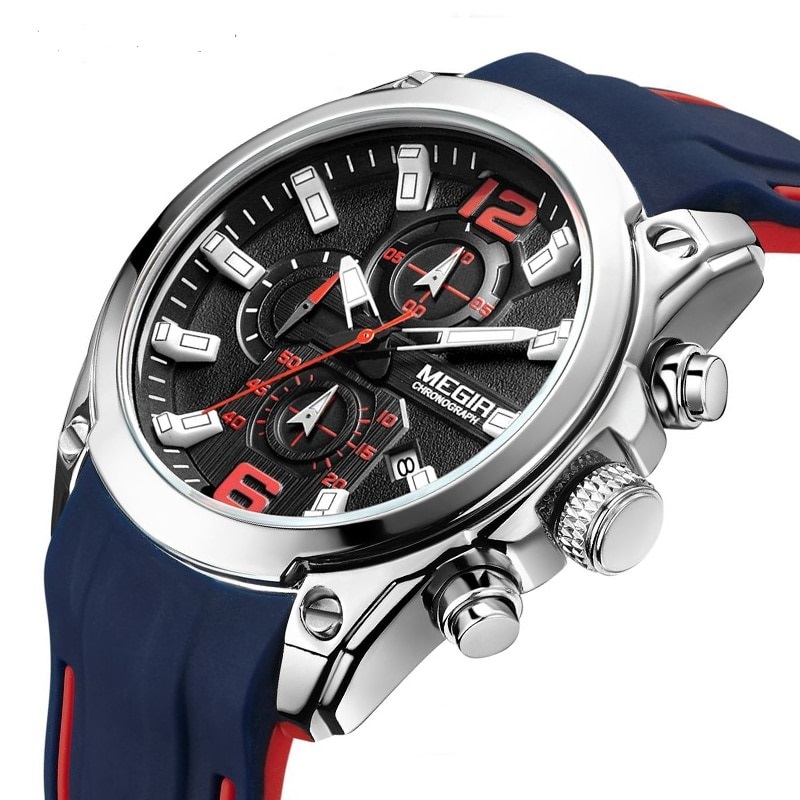 MEGIR Brand Sport Watch Men Blue Silicone Chronograph Quartz Luxury Wristwatches
