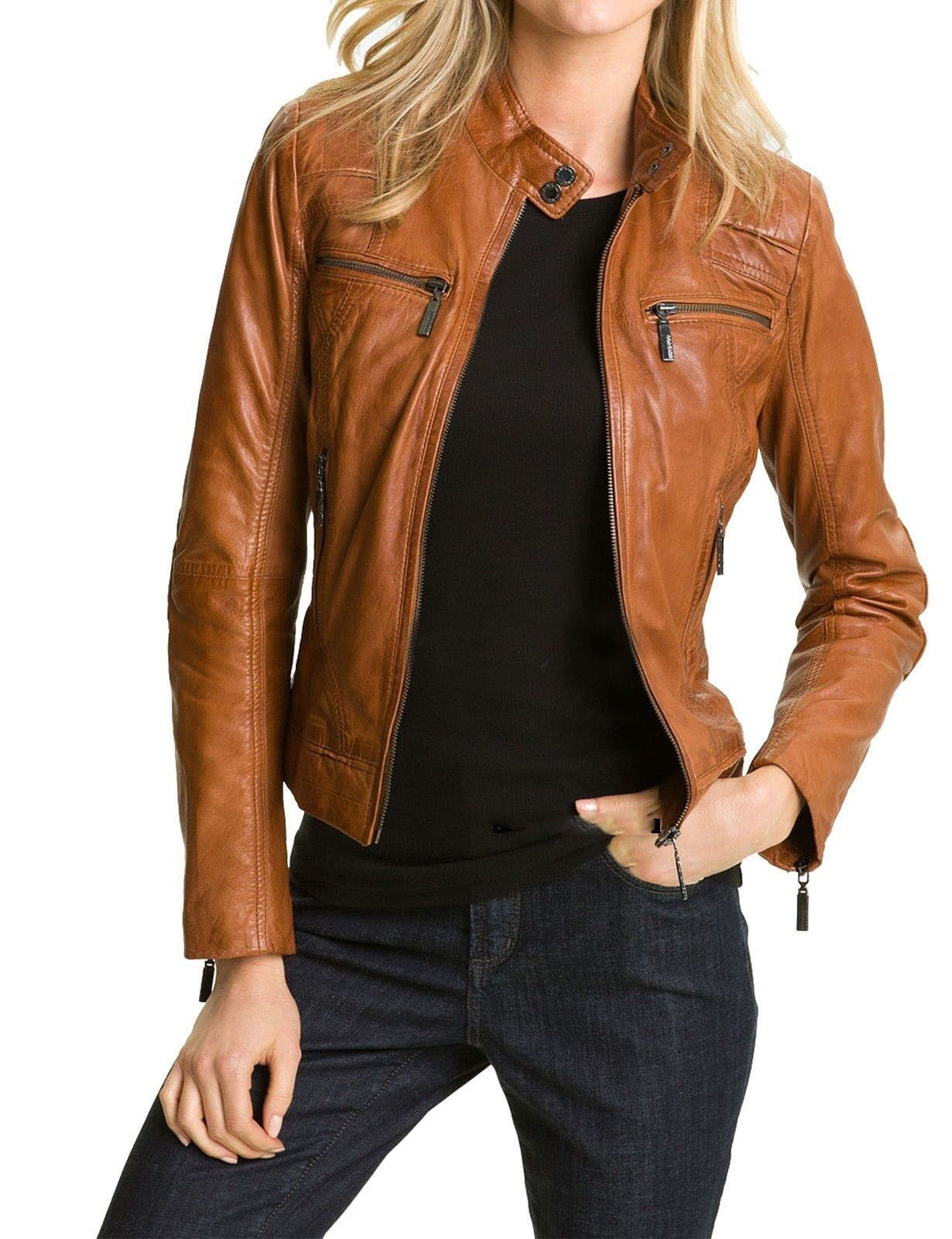 Women's Genuine Lambskin Leather Motorcycle Slim fit Designer Biker Jacket FB