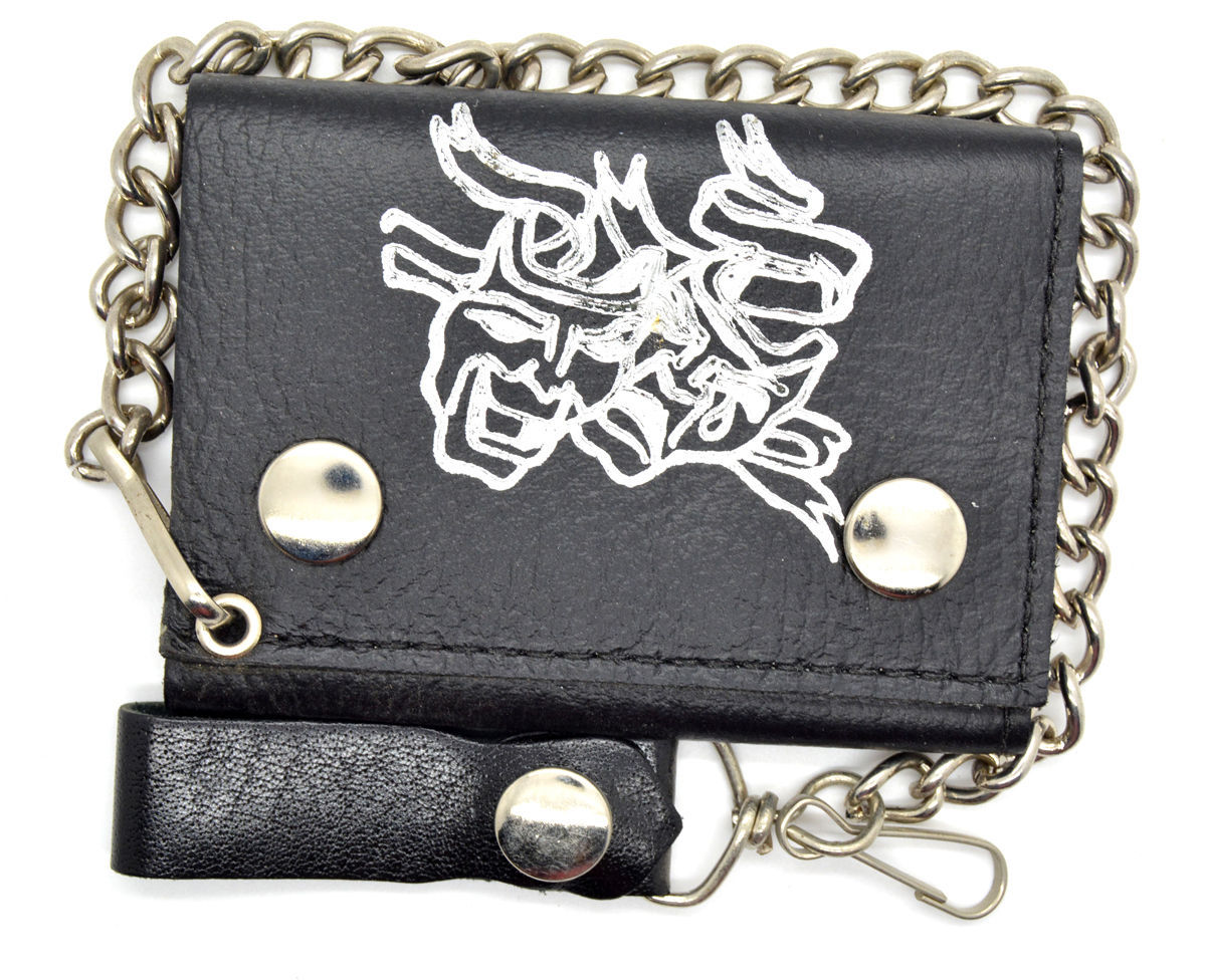 Biker Chain Wallet Genuine Leather Tri Fold Black 12 Designs Made in USA - Wallets