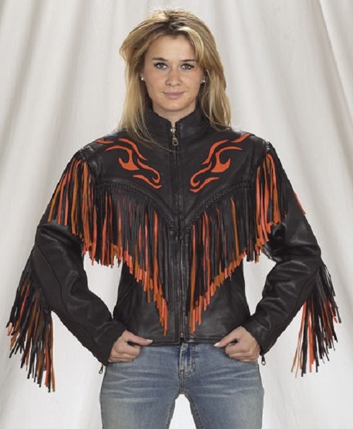 Image of New Women Black Handmade Orange Fire Cowboy Genuine Leather Jacket with Leather