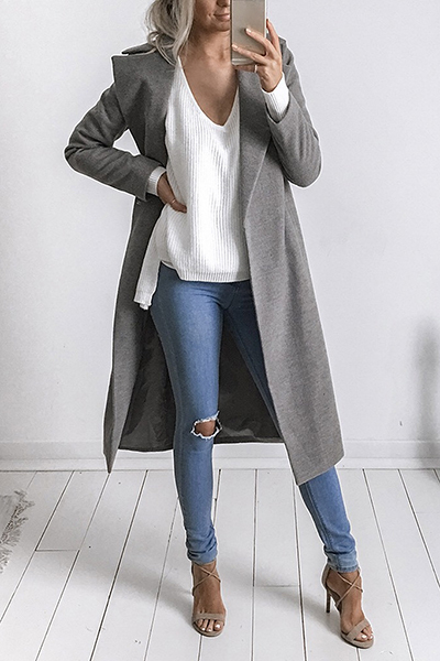 Women's Turndown Collar, Long Sleeves, Gray, Trench Coat - Coats & Jackets