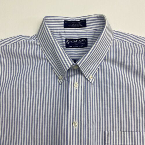 Stafford Button Up Dress Shirt Men's 18 Short Sleeve Blue White Striped ...