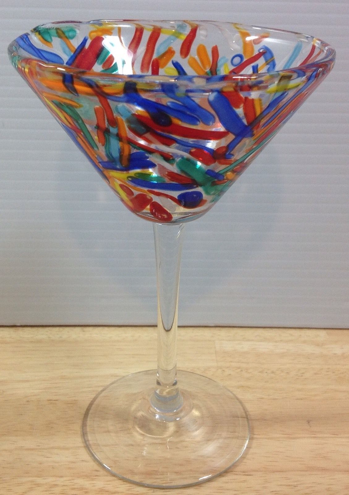 Pier 1 Confetti Blown Martini Glass Colorful Strips Cocktail Barware