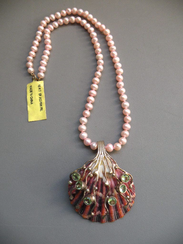 Seashell Necklace Genuine Gemstone & Pearls 10k Gold Clasp Handmade Necklaces & Pendants