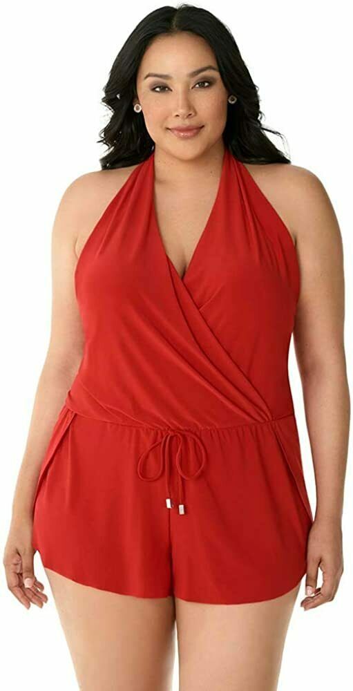 Magicsuit ROUGE RED Plus Solid Bianca V Neck Romper One Piece Swimsuit 