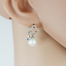 UE-Trendy Silver Tone Faux Pearl Designer Earrings With Swarovski Style Crystals - $23.99