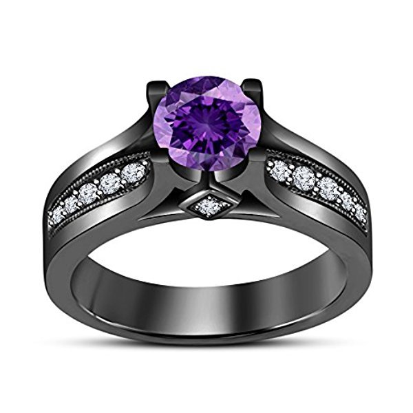 Full Black Rhodium Plated Round Cut Purple Amethyst & White Cz Engagement Ring