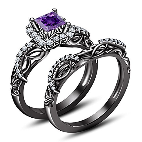 14K Black Gold Fn Cubic Zirconia Princess Cut Purple Amethyst Bridal Ring Set