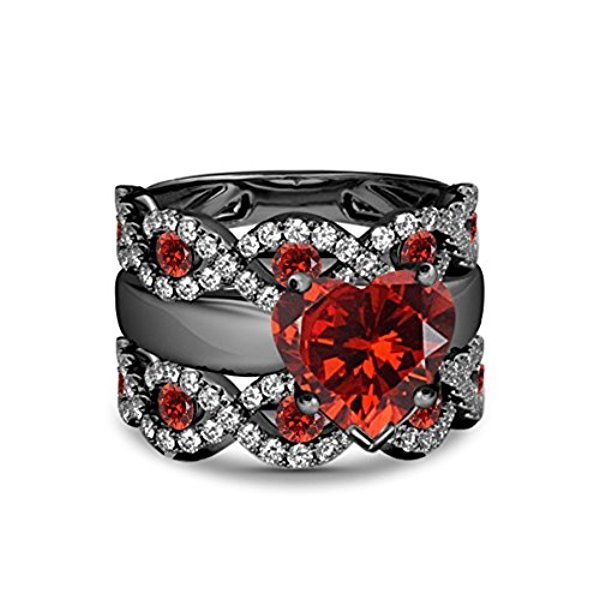 Black Rhodium Plated 925 Silver Heart Shape Red Garnet 3PCS Bridal Ring Set