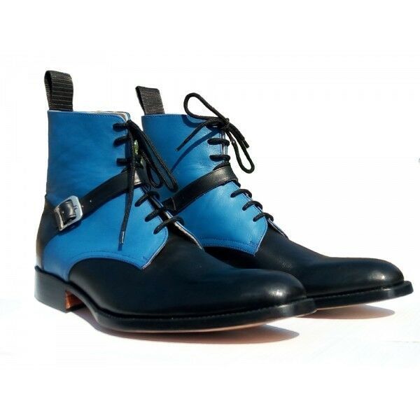 Men Two Tone Blue Black Contrast Plain Toe High Ankle Real Leather Boots US 7-16