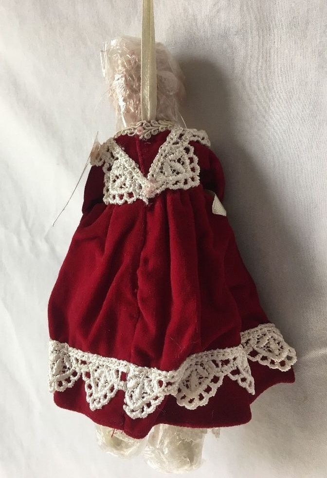 Porcelain Doll Christmas Ornament Burgundy Dress Lace Trim 7.5/"