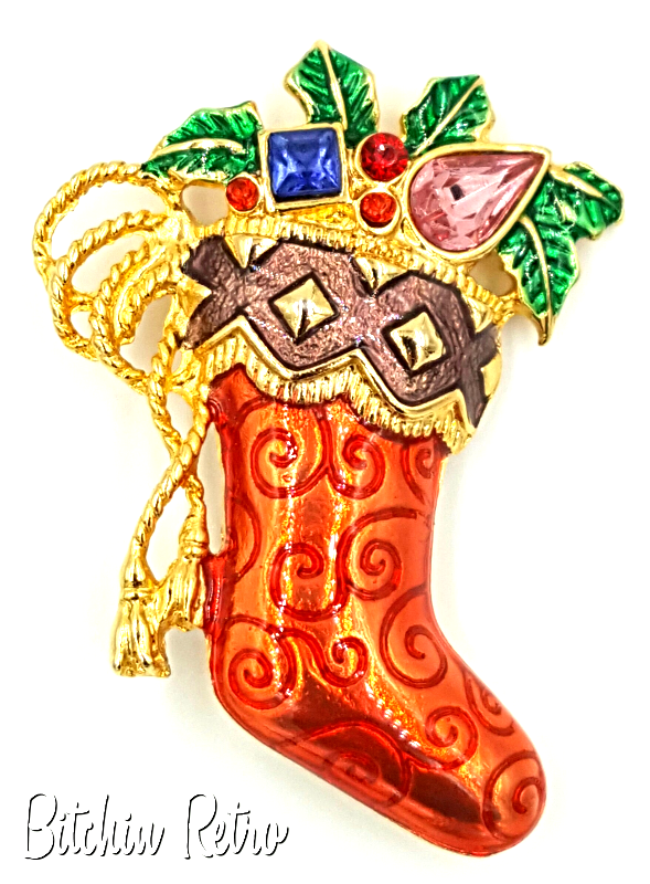Christopher Radko Christmas Stocking Brooch with Rhinestones and Holly ...
