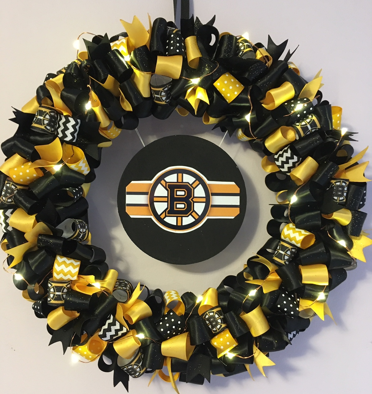 LED Boston Bruins Inspired Custom Loopy Ribbon Wreath WITH LIGHTS