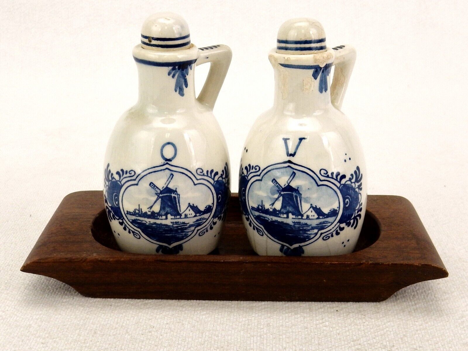 Vintage Delft Blue Porcelain Cruet Set w/Wood Tray, Oil & Vinegar, Cork
