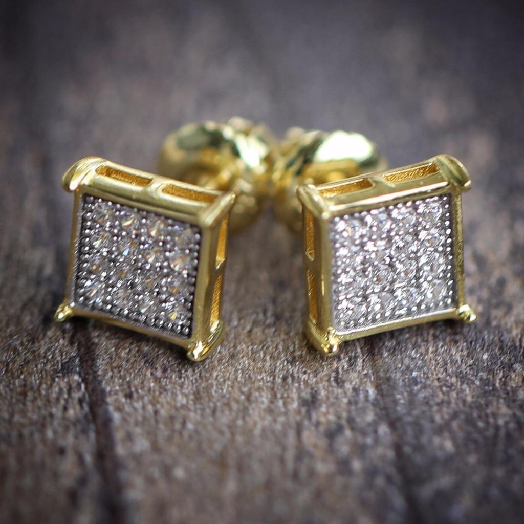 Gold Earrings Small Square Shaped Mens Hip Hop Studs - Studs