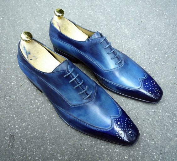 Men Oxford Two Tone Blue Burnished Medallion Toe Wing Tip Genuine Leather Shoes