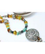 Turquoise and Amber Nugget Gemstones Bali Sterling Beaded Necklace - $85.00