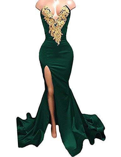 Gold Lace Sexy High Slit Mermaid Long Prom Dress Evening Gown Emerald Green US 2