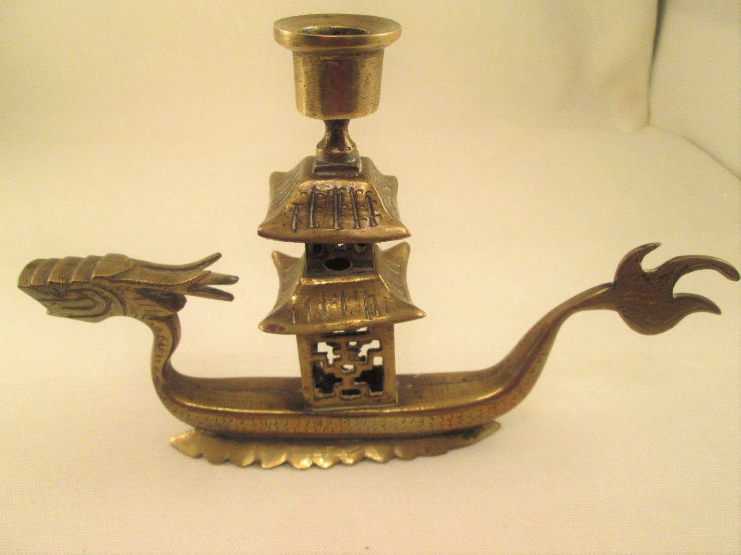 Vintage Brass Dragon Candle Holder Made in China WWII Era Candlestick