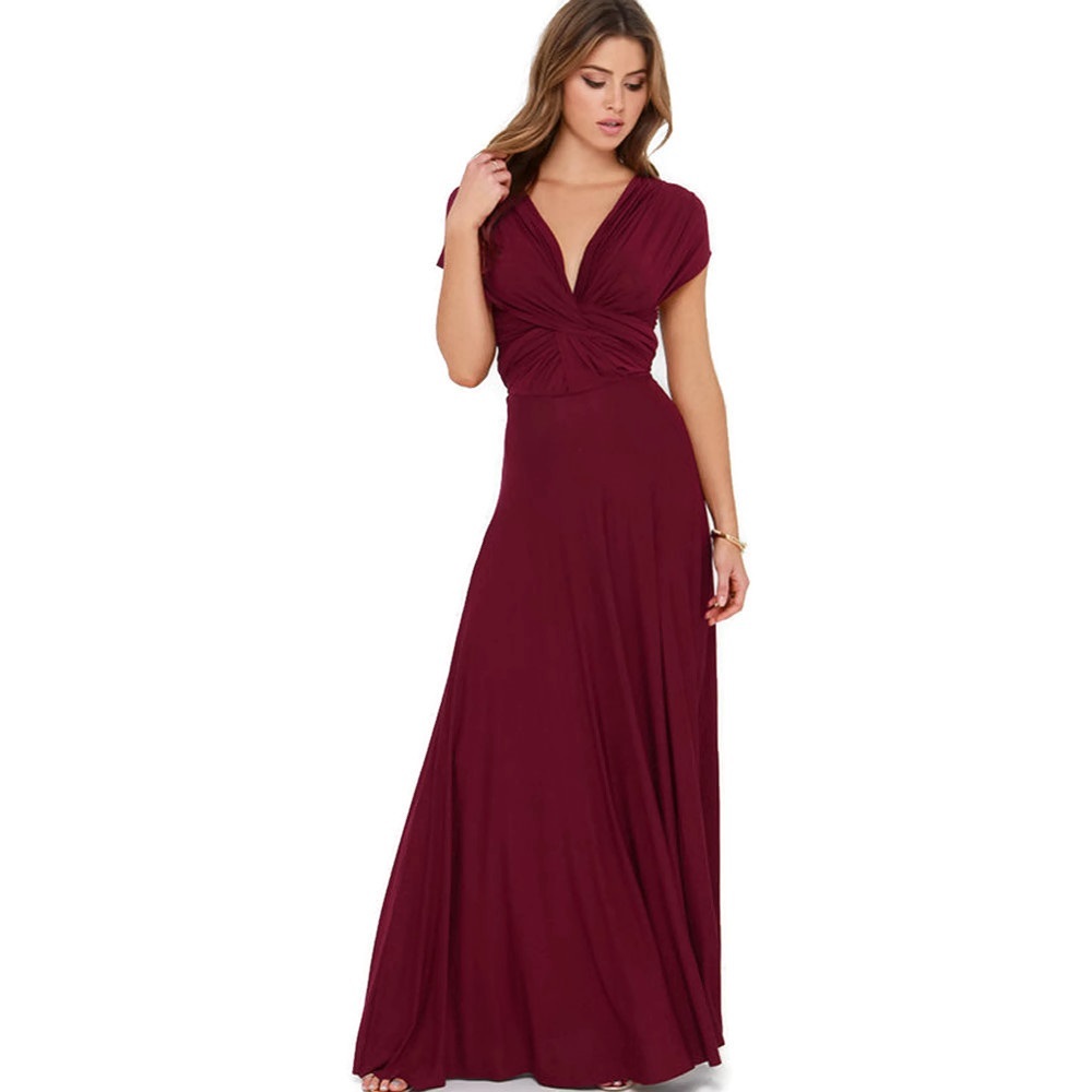 Image of Wine Red Sexy Women Convertible Wrap Maxi Dress