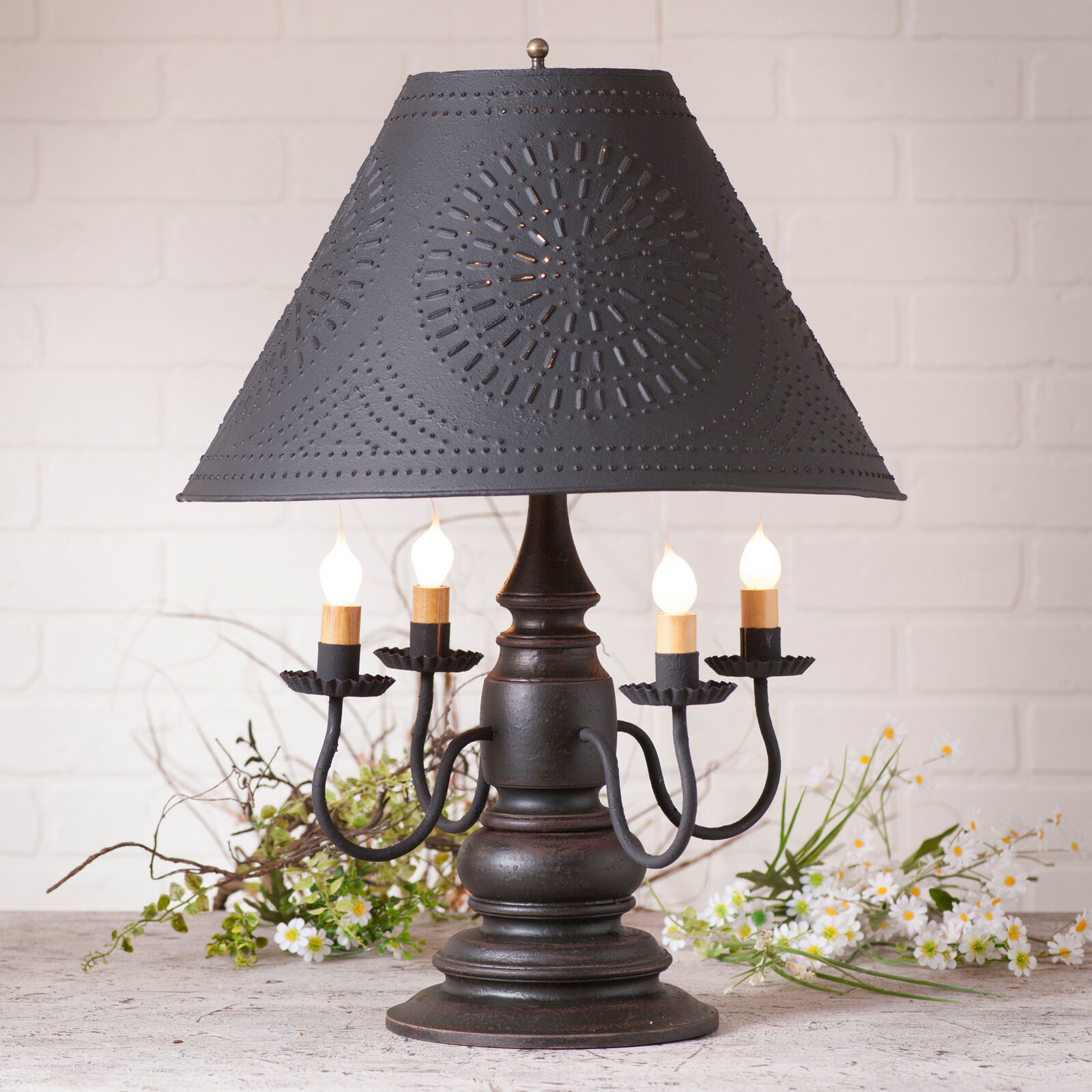 3-Way COLONIAL TABLE LAMP with Punched Tin Shade - Distressed Black ...