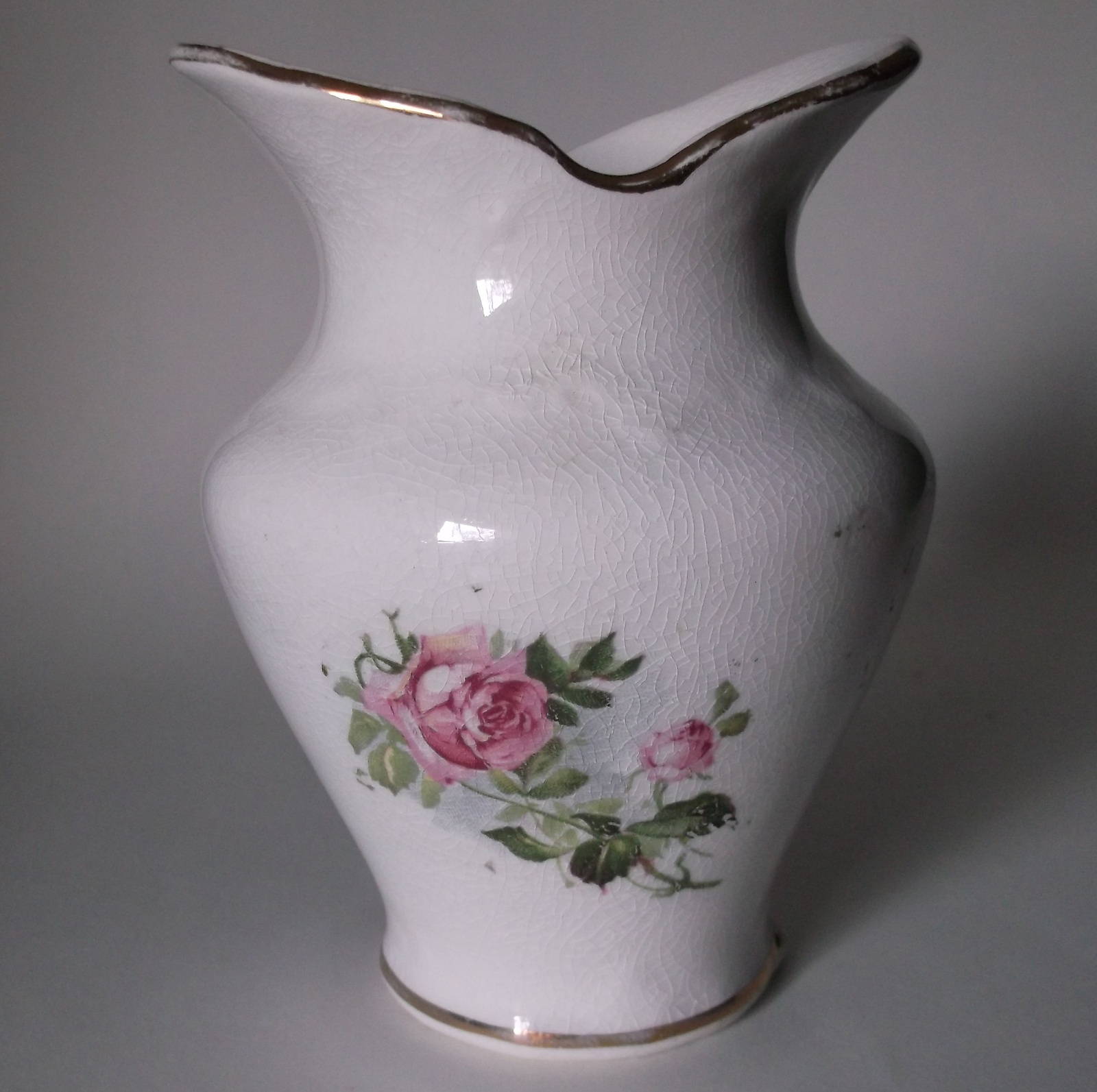 Vintage Pottery Ceramic Vase Embossed Roses Transferware Shabby Chic