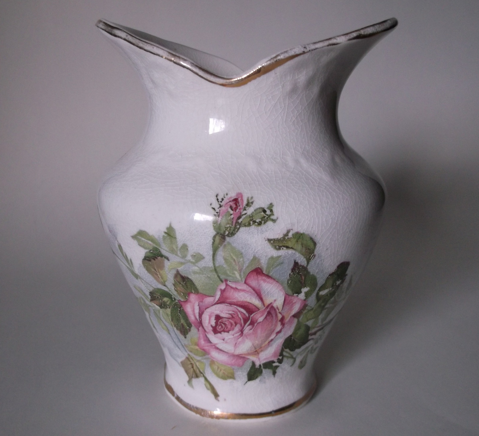 Vintage Pottery Ceramic Vase Embossed Roses Transferware Shabby Chic