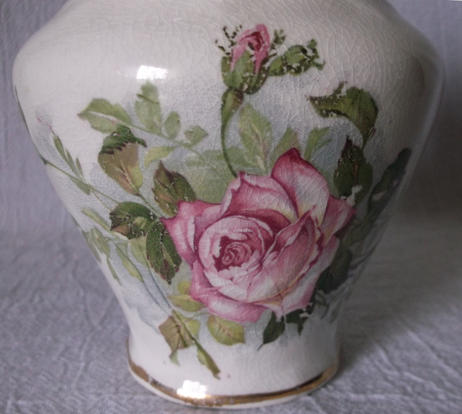 Vintage Pottery Ceramic Vase Embossed Roses Transferware Shabby Chic