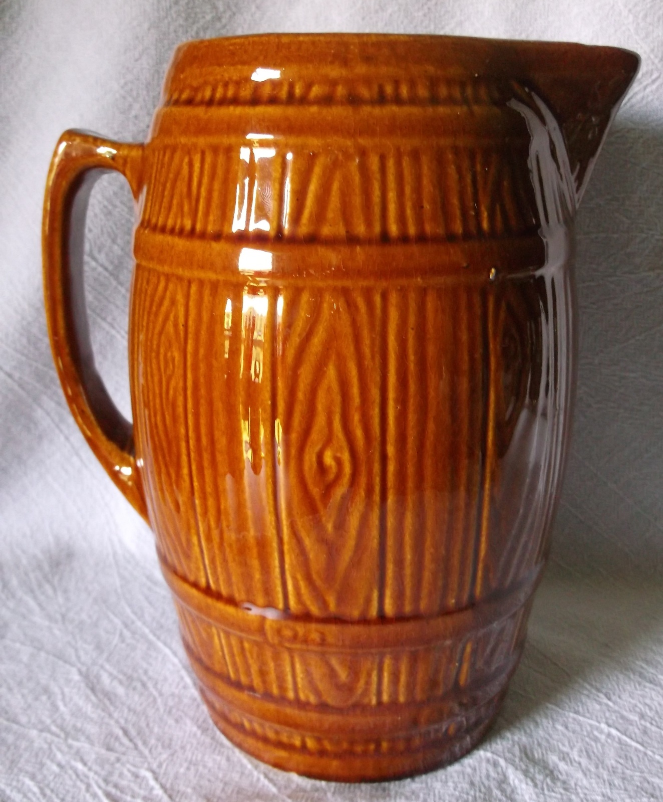 Vintage Stoneware 9" TALL Pitcher Brown Barrel Wood Grain Pottery