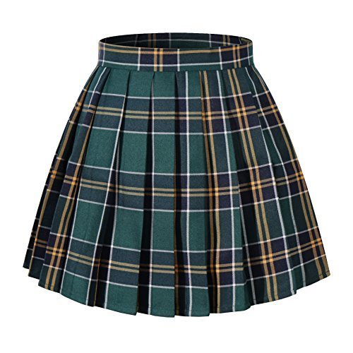 Girl's A-line Kilt Plaid Pleated Skirts (XS,Dark Green Mixed White)