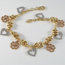 18k YELLOW WHITE ROSE GOLD BRACELET, ROLO, CIRCLE, HEART AND FOUR LEAF PENDANT image 1
