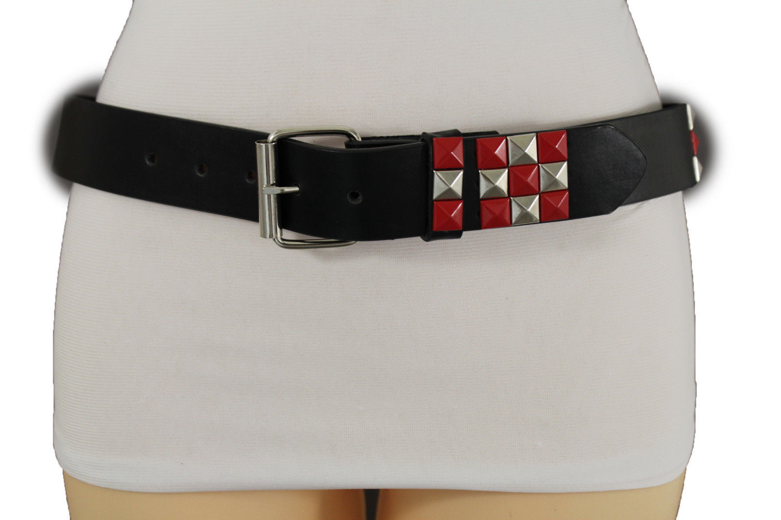 Women Popular Belt Green Faux Leather Silver Metal Buckle Studs Size S M L XL