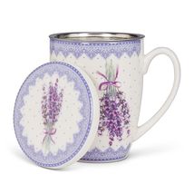 Lavender Print Covered Mug with Strainer 12 oz Bone China 4.5" High Purple Sprig image 3