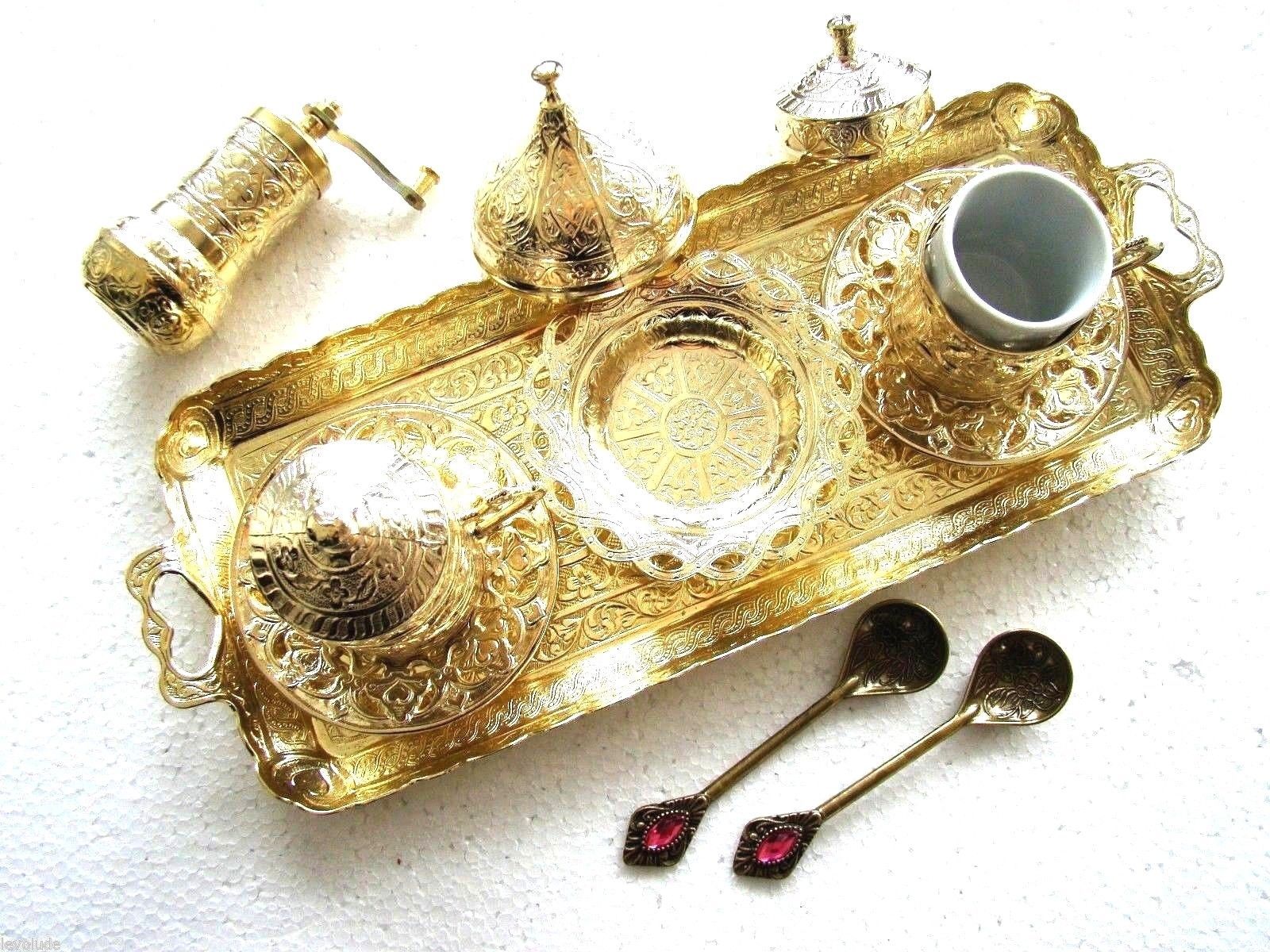 Turkish Coffee Espresso Set with 4'' Grinder & 2 Spoons Shiny Gold