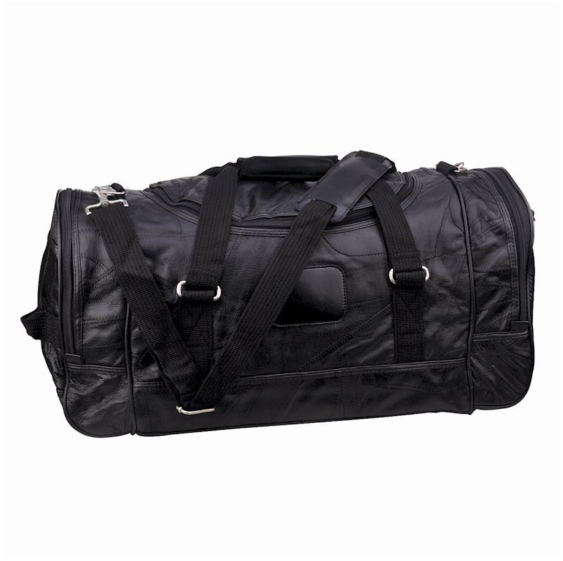 black faux leather duffle bag