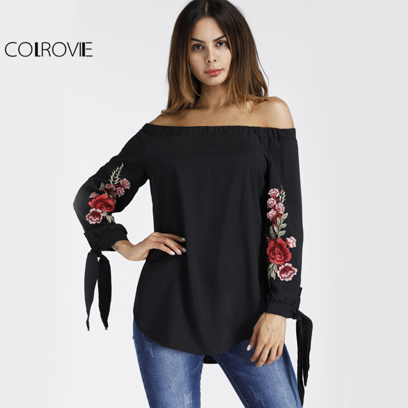 Black Fashion Random Floral Print Off The Shoulder Long Bell Sleeves Blouses