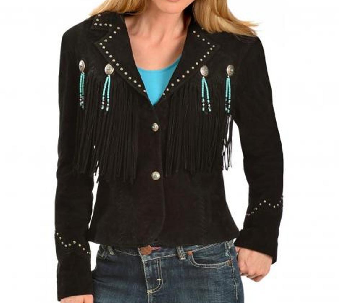 Women Black Suede Leather Western Cowboy Jacket With Fringe Fringe Jackets Coats And Jackets 1037