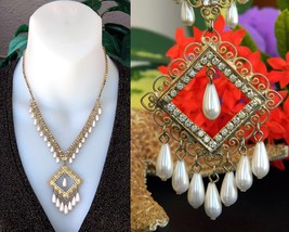 Vintage rhinestones pearls teardrop filigree dangling pendant necklace thumb200