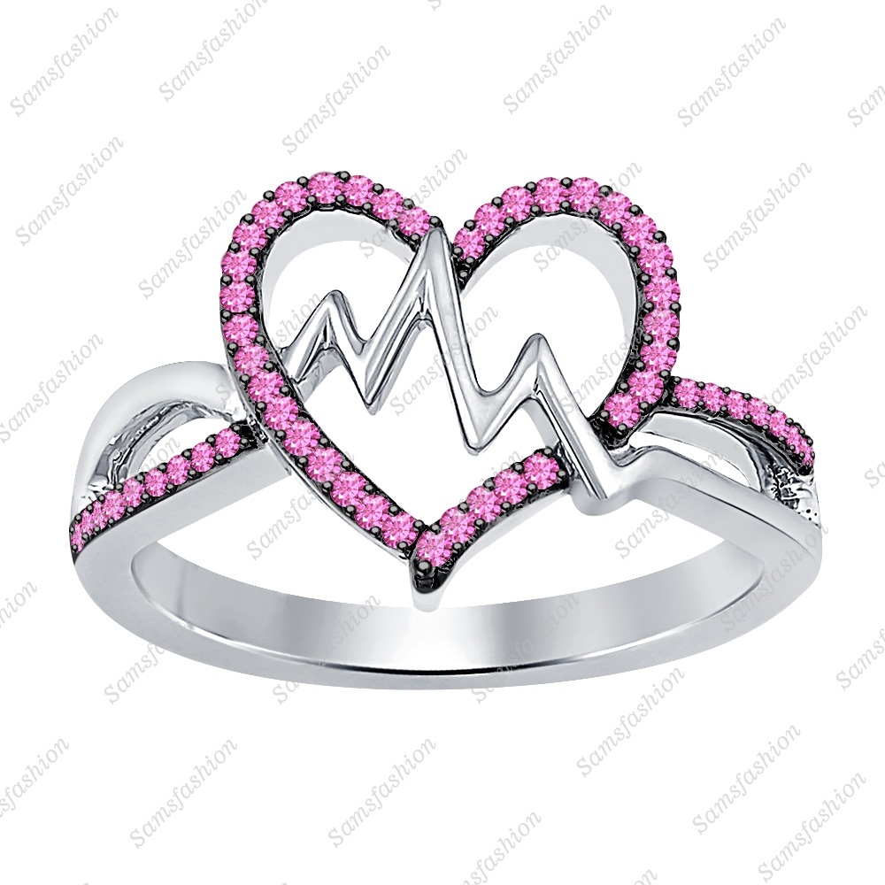 Round Pink Sapphire 14k White Gold Over 925 Silver Heart Beat Anniversary Ring