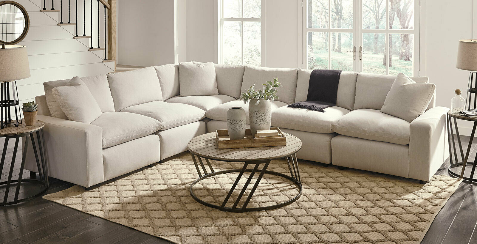 Modular Sectional Living Room Furniture - WARNER 6pcs Off White Fabric