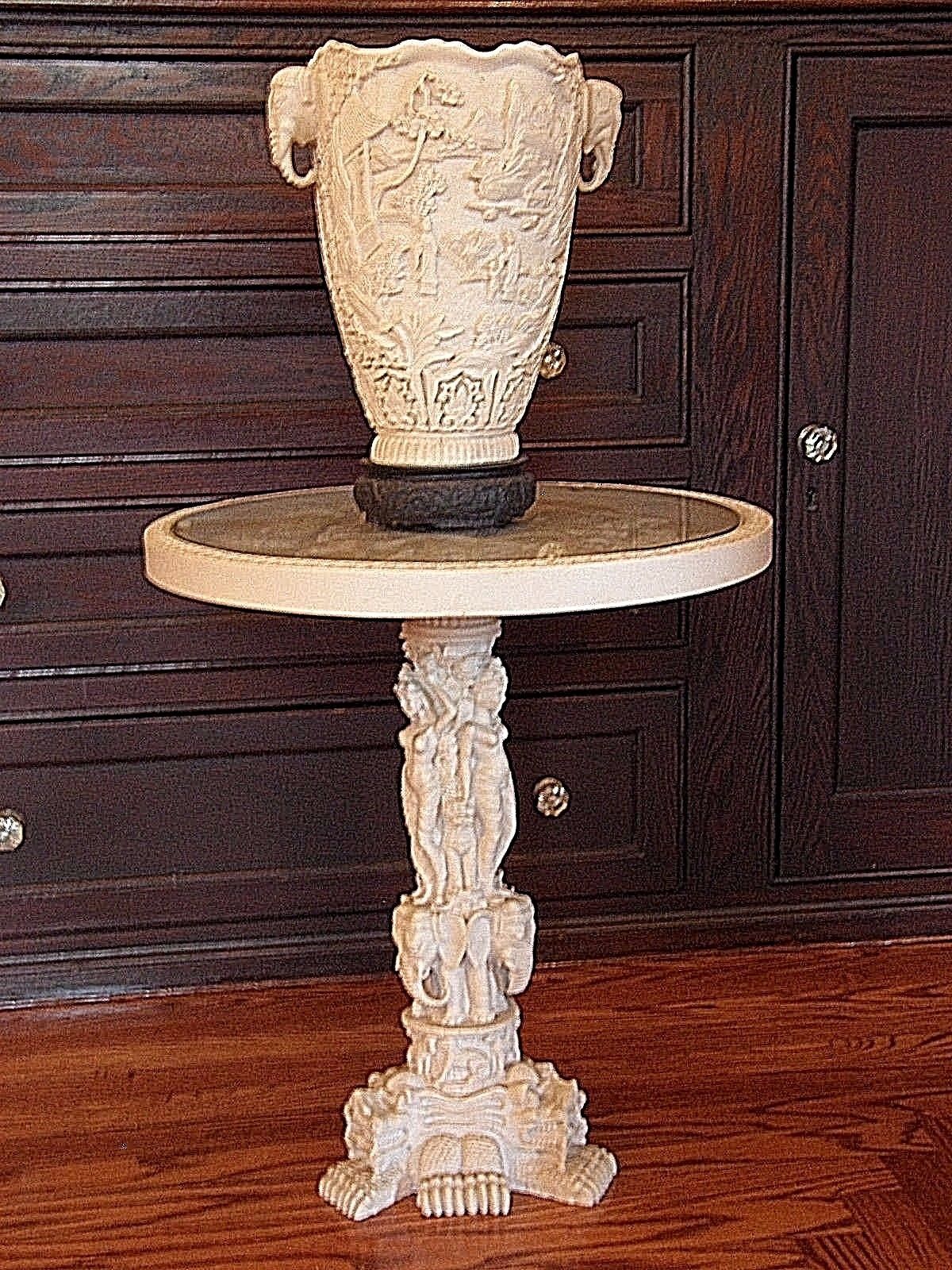 VINTAGE FAUX IVORY RELIEF CARVED TABLE & MATCHING VASE Art Sculptures