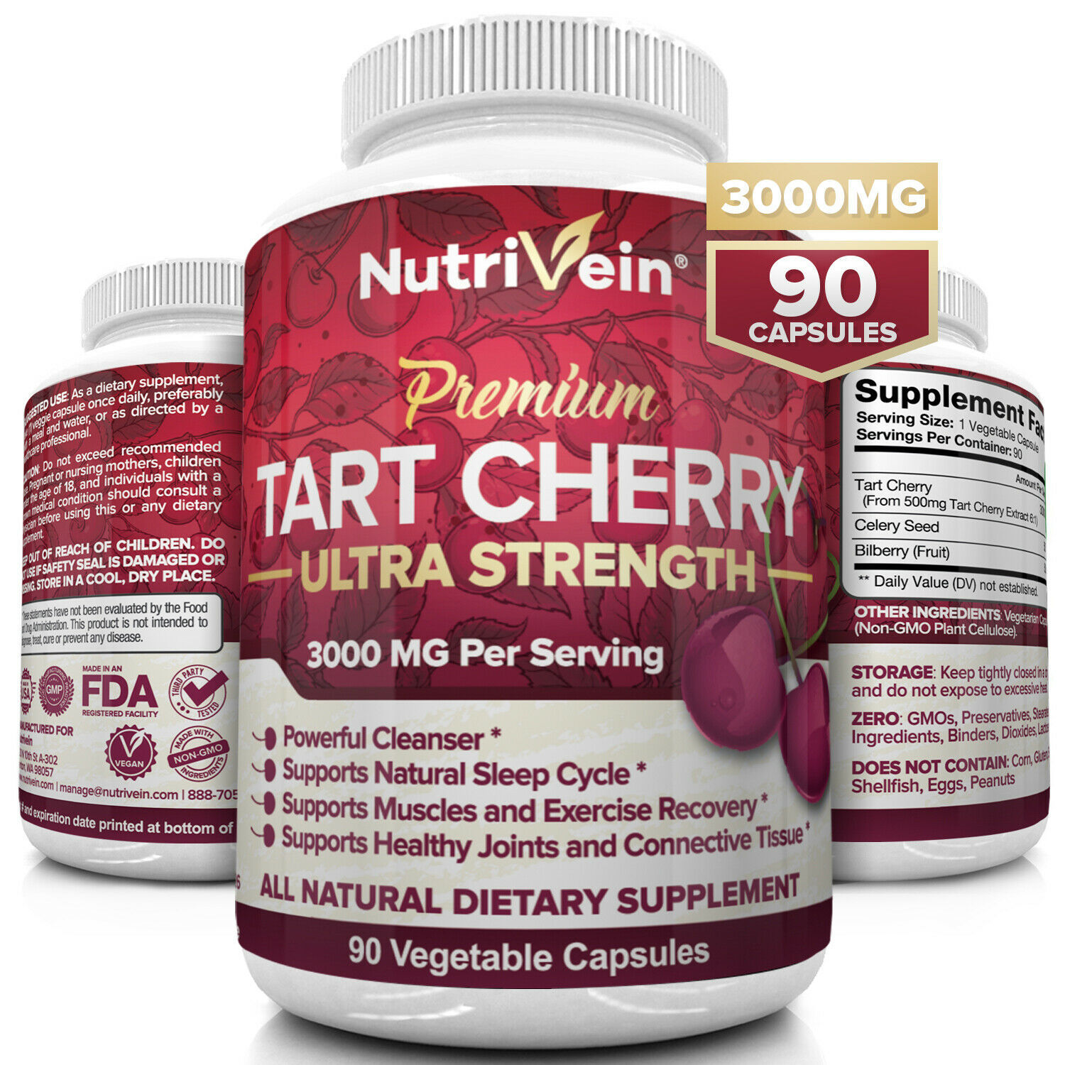 Tart Cherry Capsules 3000mg 90 Vegan Pills Support Healthy Joints Sleep